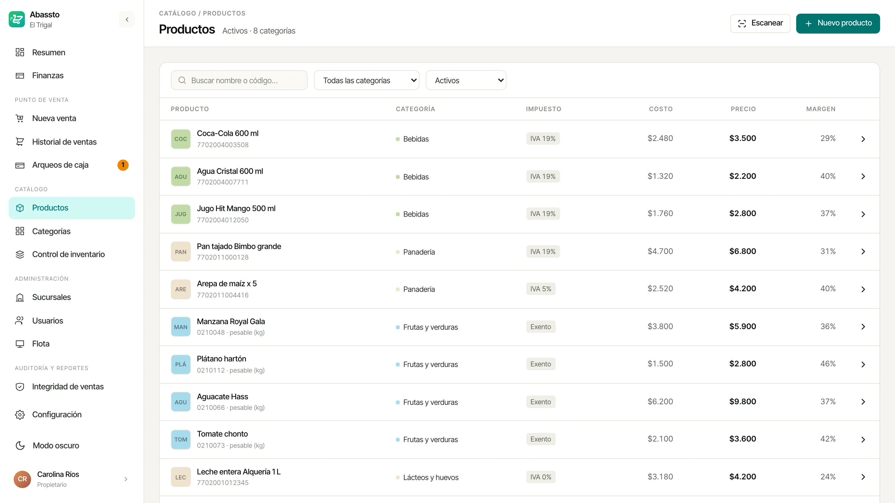 Catálogo de productos del portal de Abassto con precio, impuesto y existencias por producto.